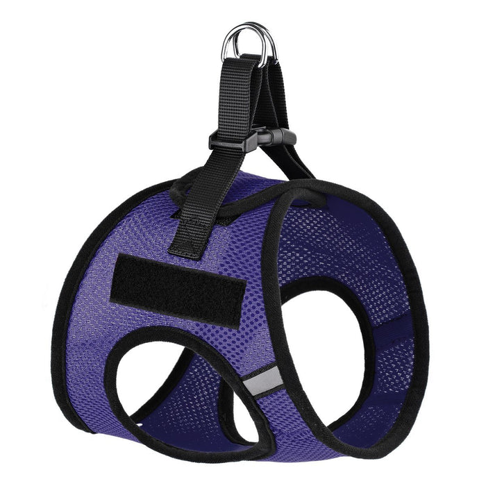 Purple dog harness with loop backing fastener for patches and quick release buckle, made from nylon mesh