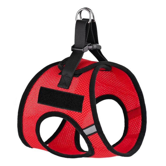 Red dog harness with loop backing fastener for patches and quick release buckle, made from nylon mesh