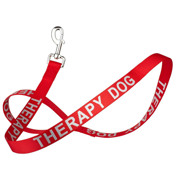 Therapy Dog red nylon dog leash with reflective lettering text