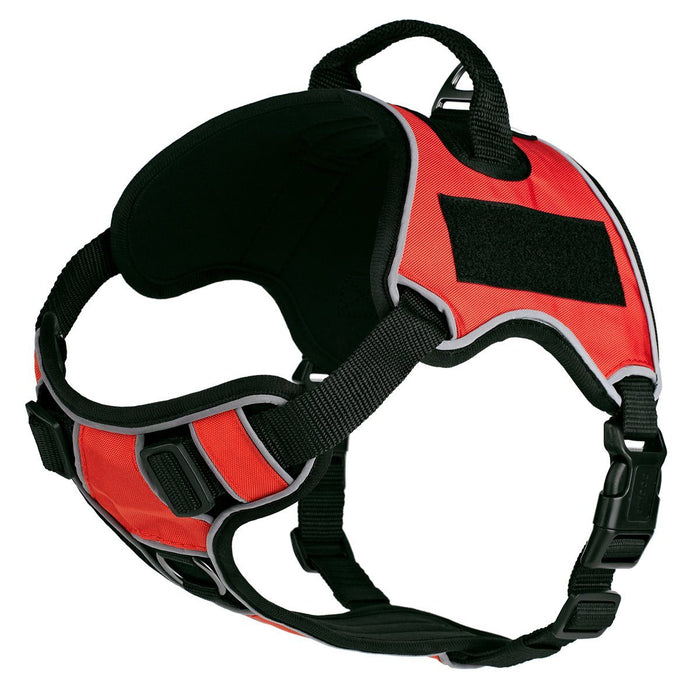 Red dog harness with top handle and loop backing for hook and loop patches, adjustable, made from Neoprene