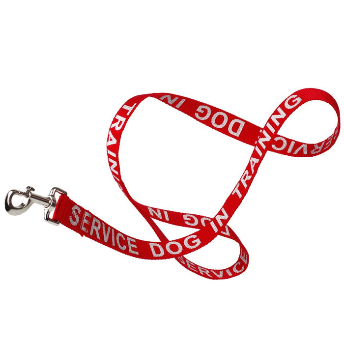 Service Dog in Training red nylon dog leash with reflective lettering text