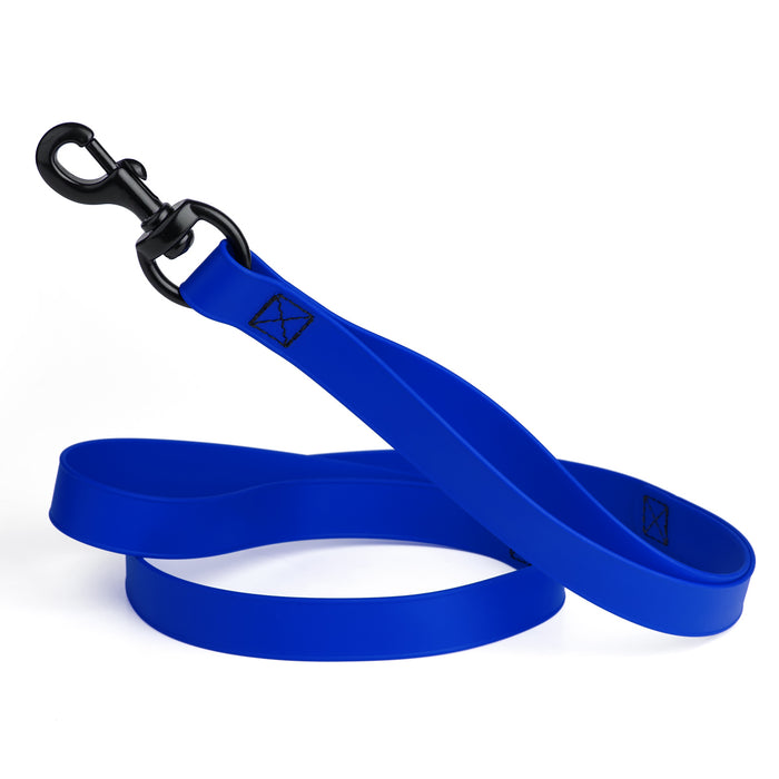 Blueberry waterproof dog leash with two or three handles and black metal clip, made from Biothane