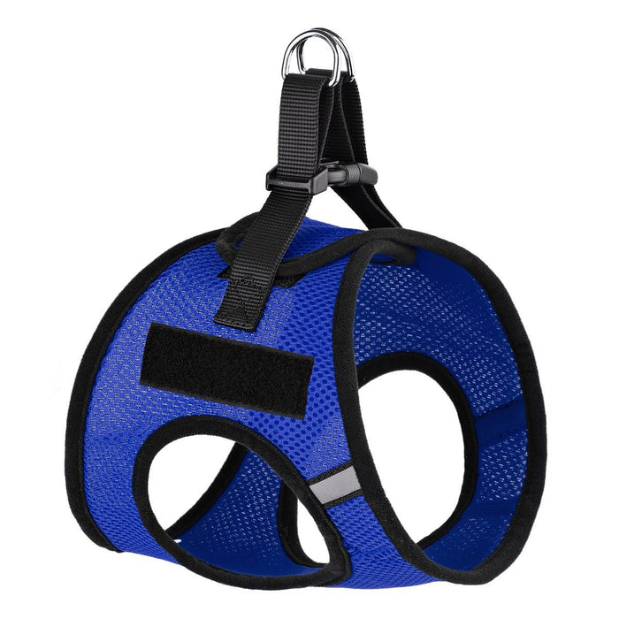 Blue dog harness with loop backing fastener for patches and quick release buckle, made from nylon mesh
