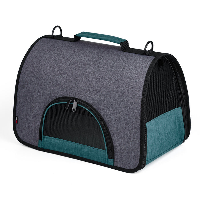Black and teal pet carrier for small dogs and cats with mesh screens, collapsible design