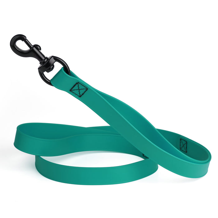Teal waterproof dog leash with two or three handles and black metal clip, made from Biothane
