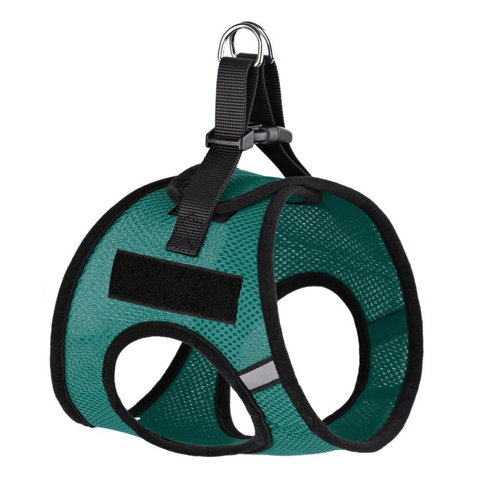 Teal dog harness with loop backing fastener for patches and quick release buckle, made from nylon mesh