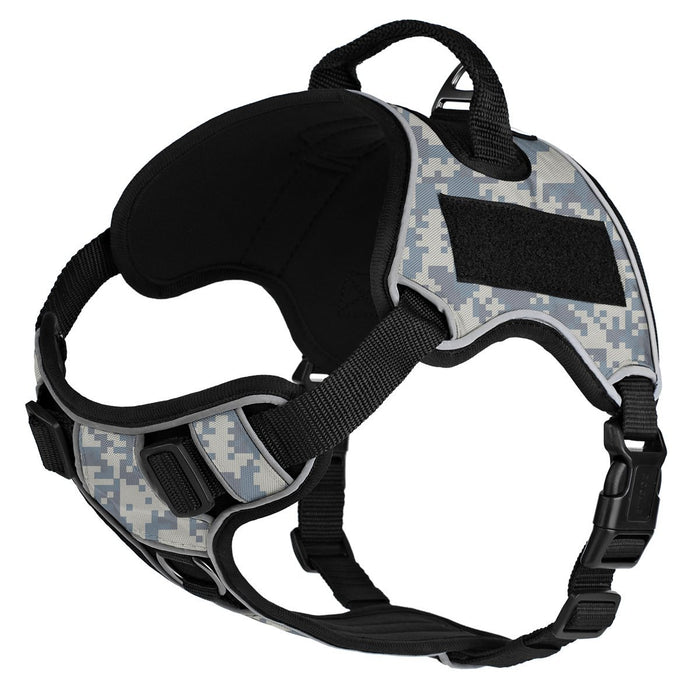Urban camo dog harness with top handle and loop backing for hook and loop patches, adjustable, made from Neoprene