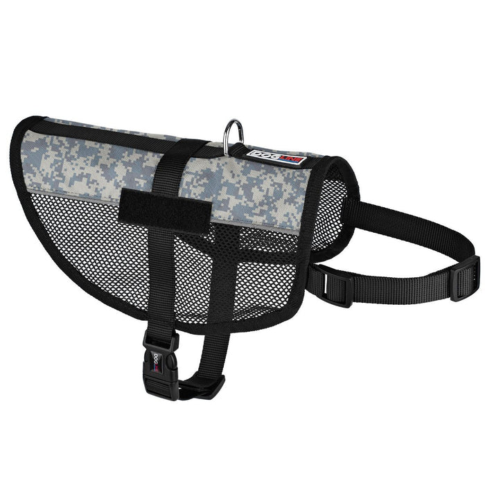 Urban camo dog harness with adjustable belly and chest straps, two fasteners for patches, made from lightweight mesh material