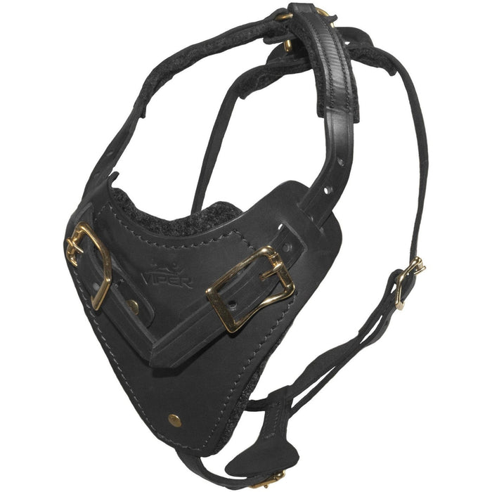 Leather working dog harness with brass hardware and padded chest plate
