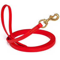 Cherry Red leash for dogs with brass snap hook, 5/8 inch wide, 15 feet long, made from waterproof Biothane