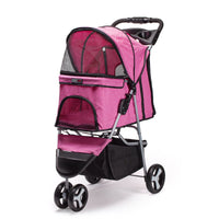 Pink pet stroller with removable cup holder and storage compartment