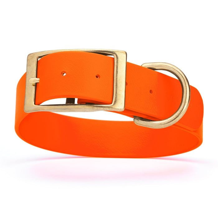 Hunter Orange waterproof collar for large dogs with brass buckle and D-ring, made from Biothane, 1.5-inch wide