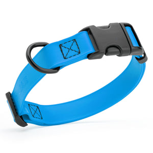 Cerulean blue dog collar with black quick release buckle and metal D-ring, adjustable, 5/8 inches wide, made from waterproof Biothane