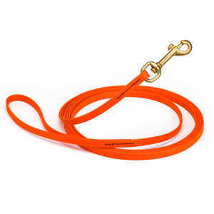 Hunter Orange Biothane dog leash with brass snap hook, waterproof, 3/8in wide, 10ft long