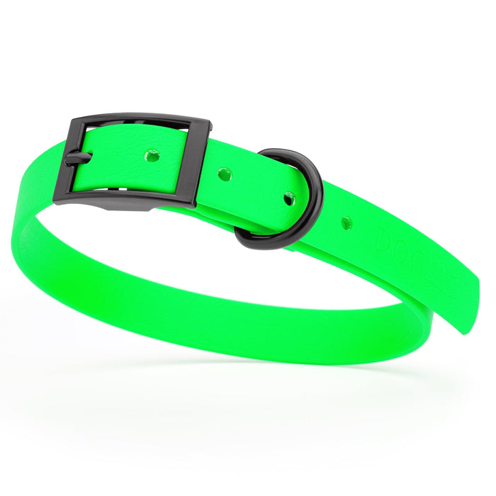 Tropical Green dog collar with black hardware, made from waterproof biothane, 15 to 18 inches long