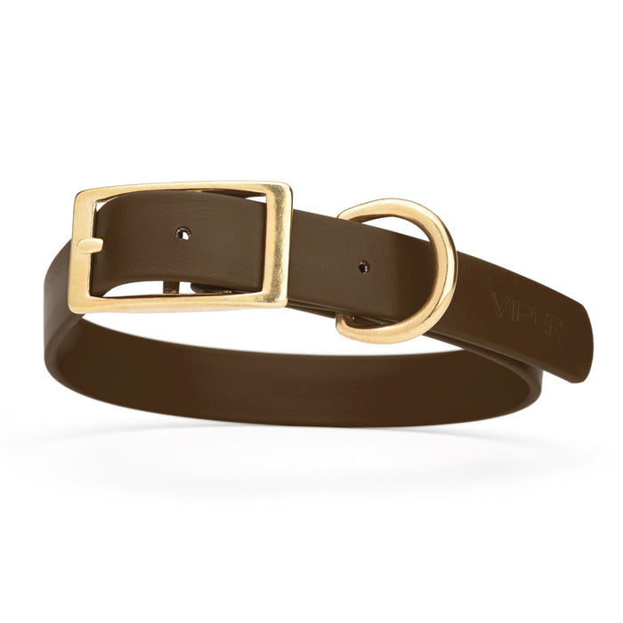 Dark Chocolate Brown dog collar with brass buckle and D-ring, made from waterproof Biothane, 1-inch wide, fits medium and large dogs