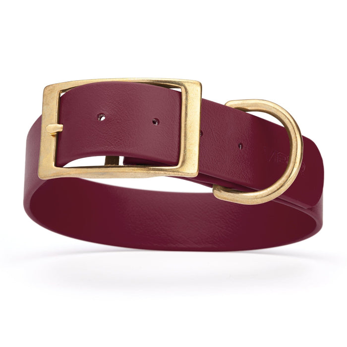 Merlot Burgundy waterproof collar for large dogs with brass buckle and D-ring, made from Biothane, 1.5-inch wide