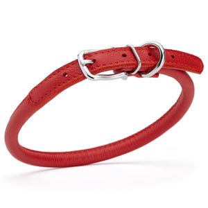 Red leather dog collar with metal hardware, 3/8 inches wide