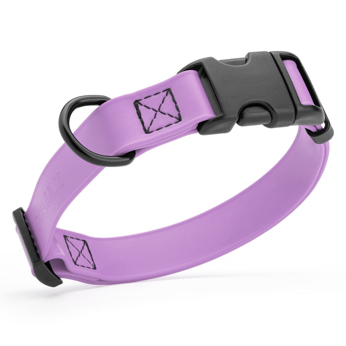 Amethyst Purple dog collar with black quick release buckle and metal D-ring, adjustable, 5/8 inches wide, made from waterproof Biothane