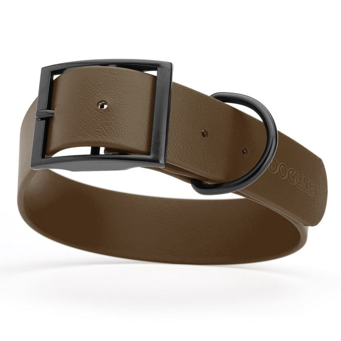 Dark Chocolate Brown dog collar with black buckle, made from waterproof biothane, 1.5 inches wide, 24 to 28 inches long, fits large dogs