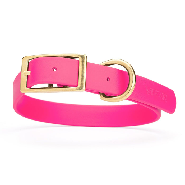 Passionfruit Pink dog collar with brass hardware, made from waterproof Biothane, 1-inch wide, fits large dogs