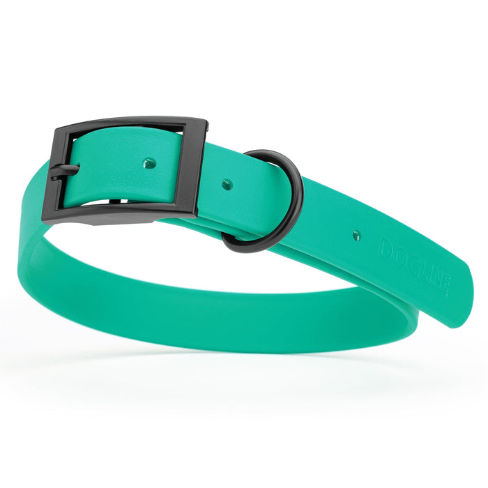 Teal dog collar with black buckle, made from waterproof biothane, 22 to 25 inches long