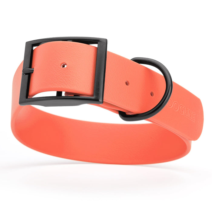 Coral dog collar with black buckle, made from waterproof biothane, 1.5 inches wide, 20 to 24 inches long, fits large dogs