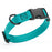 Teal dog collar with black quick release buckle and metal D-ring, adjustable, 5/8 inches wide, made from waterproof Biothane