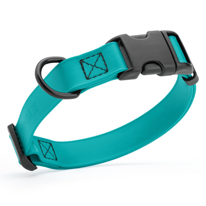 Teal dog collar with black quick release buckle and metal D-ring, adjustable, 5/8 inches wide, made from waterproof Biothane