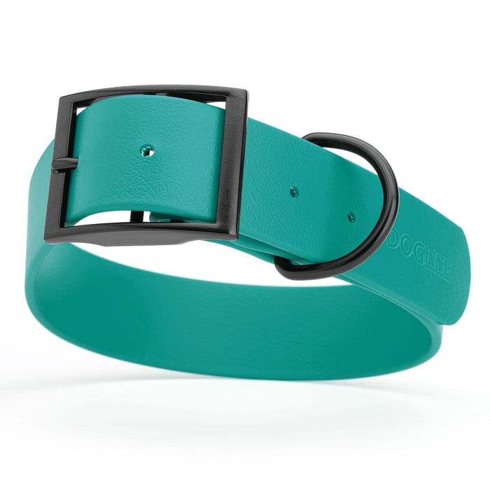 Aqua blue dog collar with black buckle, made from waterproof biothane, 1.5 inches wide, 20 to 24 inches long, fits large dogs
