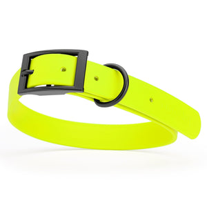 Safety Yellow Biothane dog collar with black metal buckle and D-ring, width: 1 inch, x-large