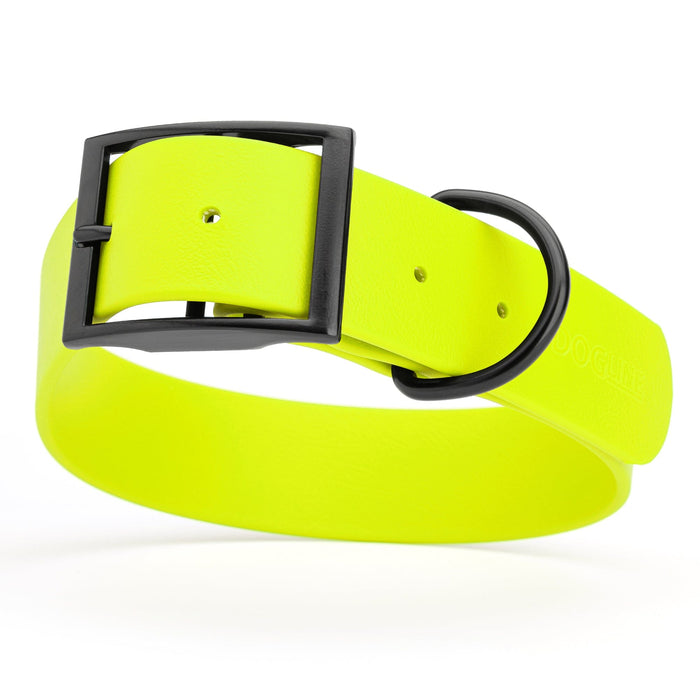 Safety Yellow dog collar with black buckle, made from waterproof biothane, 1.5 inches wide, 20 to 24 inches long, fits large dogs
