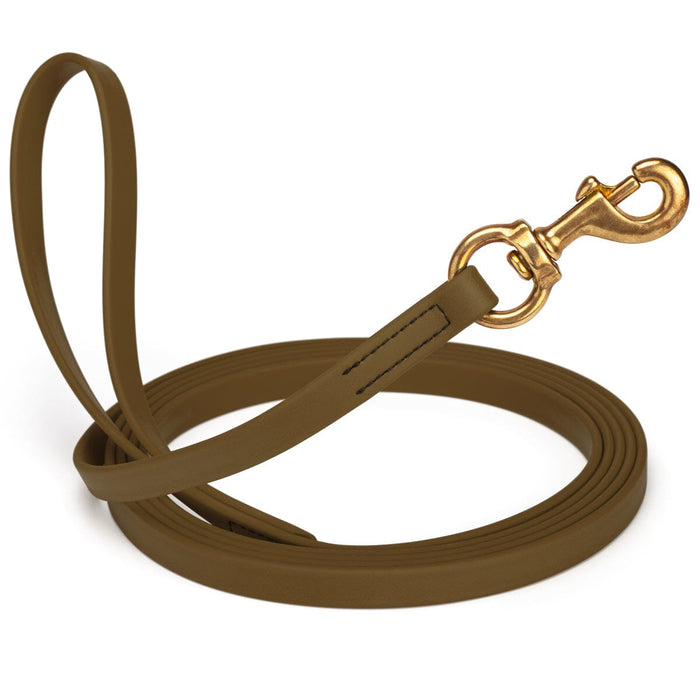 Coyote Brown leash for dogs with brass snap hook, 5/8 inch wide, 15 feet long, made from waterproof Biothane