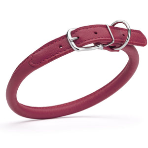 Pink leather dog collar with metal hardware, 1/2 inches wide