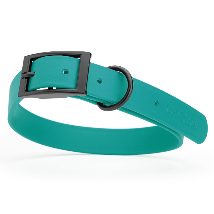 Aqua blue dog collar with black buckle, made from waterproof biothane, 22 to 25 inches long