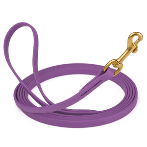 Amethyst Purple Biothane dog leash with brass swivel snap hook, 1/2 inch wide, 33 feet long