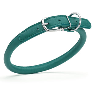 Teal leather dog collar with metal hardware, 1/2 inches wide