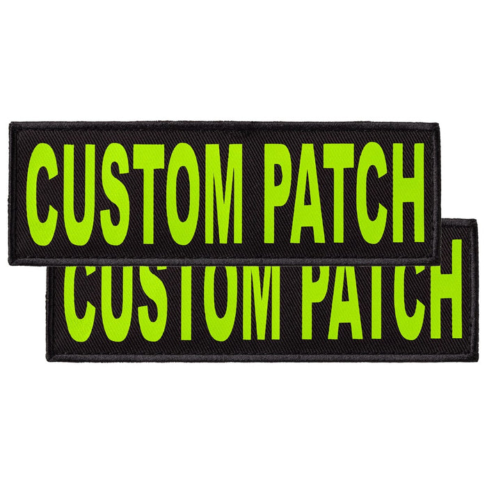 Custom Fluorescent Yellow text patches for dog vest, harness or collar, with hook backing for hook and loop fastener