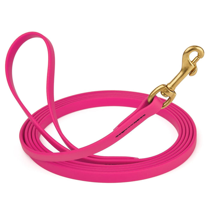Waterproof Passionfruit Pink dog collar with brass clip, made from BioThane, length 10 feet, width 1/2 inch