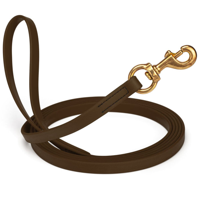 Dark Chocolate Brown Biothane dog leash with brass swivel snap hook, 5/8 inch wide, 33 feet long