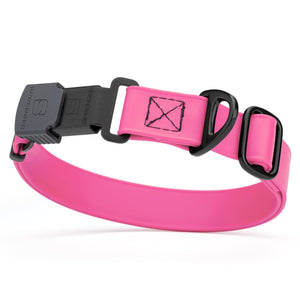 Passionfruit Pink dog collar with black Herm Sprenger buckle and metal D-ring, adjustable, made from waterproof and odor resistant Biothane