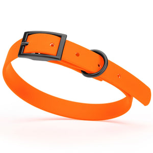 Hunter Orange dog collar with black hardware, made from waterproof biothane, 12 to 15 inches long