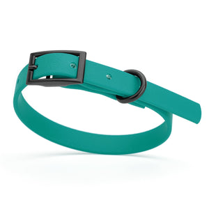 Aqua blue dog collar with black hardware, made from waterproof biothane, 9 to 12 inches long