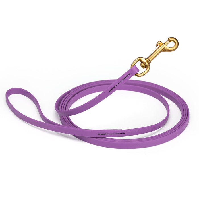 Amethyst Purple Biothane dog leash with brass swivel snap hook, 3/8 inch wide, 33 feet long