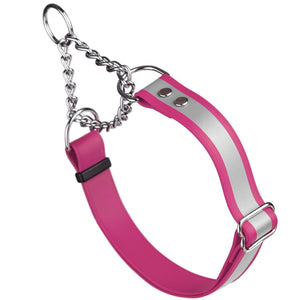 Pink martingale dog collar with wide reflective strip, made from waterproof Biothane, adjustable