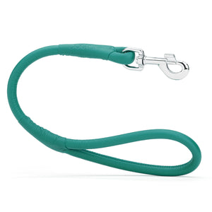 Teal leather traffic lead with metal swivel clip, rolled design