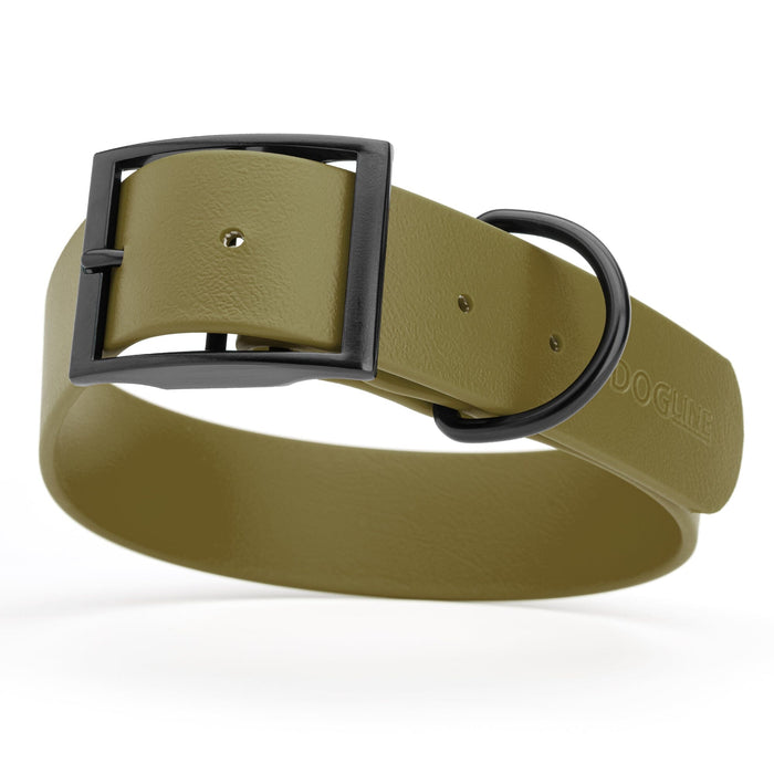 Olive Drab Green waterproof collar for large dogs, 1.5 inches wide, made from Biothane, with black metal hardware
