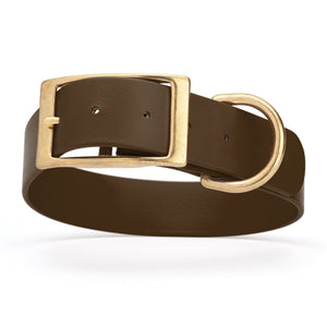 Dark Chocolate Brown waterproof collar for large dogs with brass buckle and D-ring, made from Biothane, 1.5-inch wide
