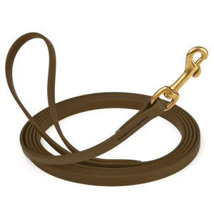 Waterproof Coyote Brown dog collar with brass clip, made from BioThane, length 10 feet, width 1/2 inch