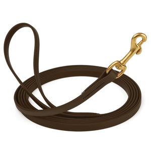 Dark Chocolate Brown Biothane dog leash with brass swivel snap hook, 1/2 inch wide, 33 feet long